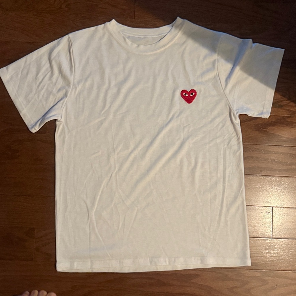 Copy Comme des Garçons style White Tee with Red Heart Patch